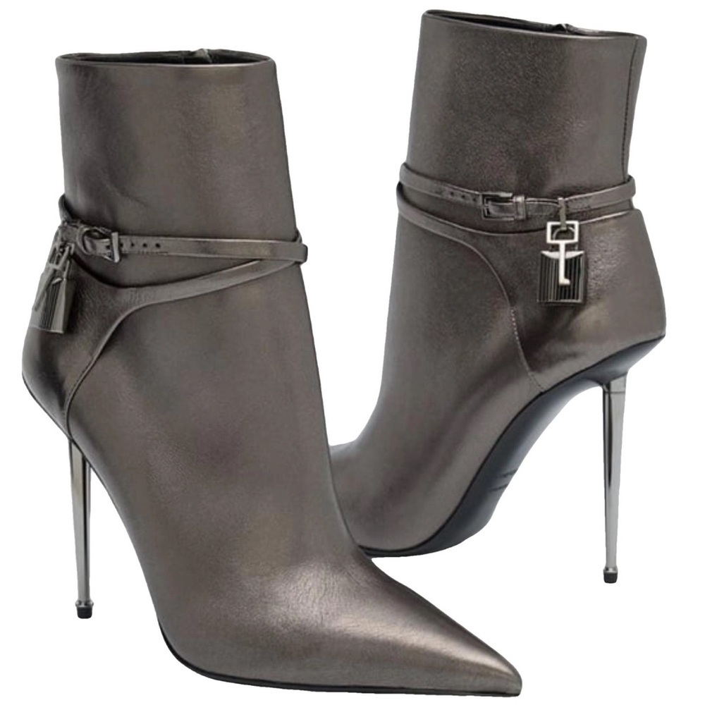 Tom Ford Padlock  105mm Metallic (Gun Metal) Ankle Boots - Picture 3 of 8